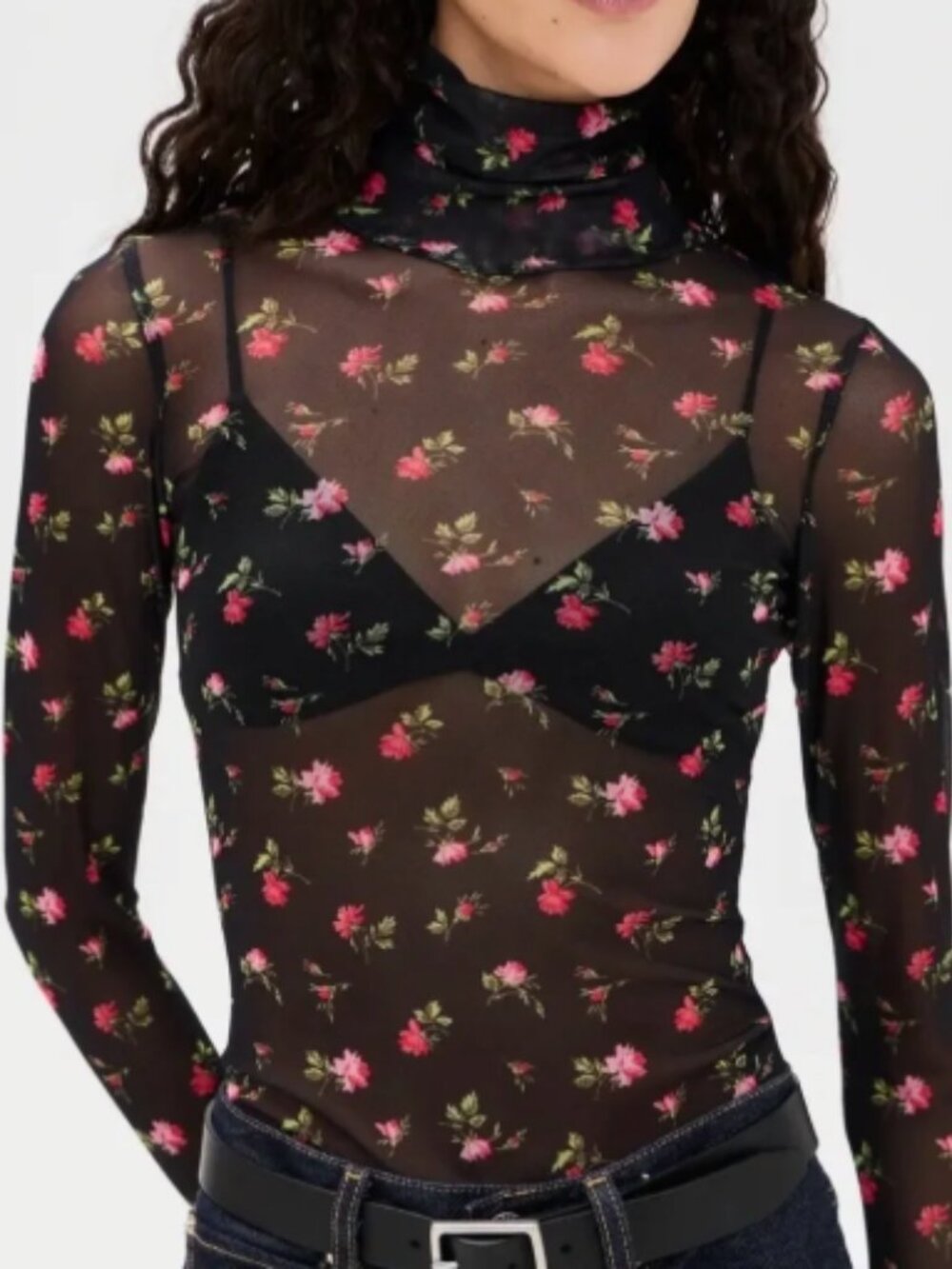 AFRM Sheer Mesh Pink & Black 🌸 🖤Floral Mockneck Top in Large
